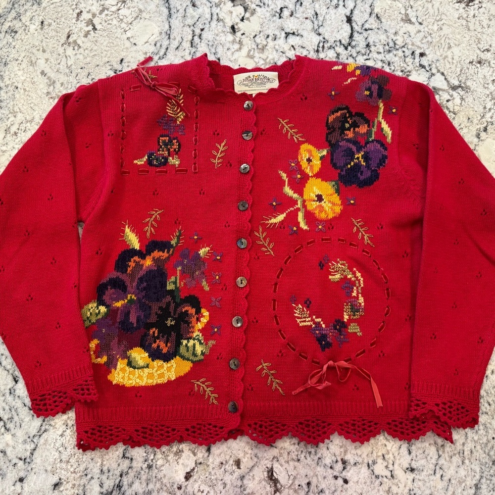 Vintage 1995 Susan Bristol Hand Embroidered Red Cardigan Size S - Picture 4 of 12